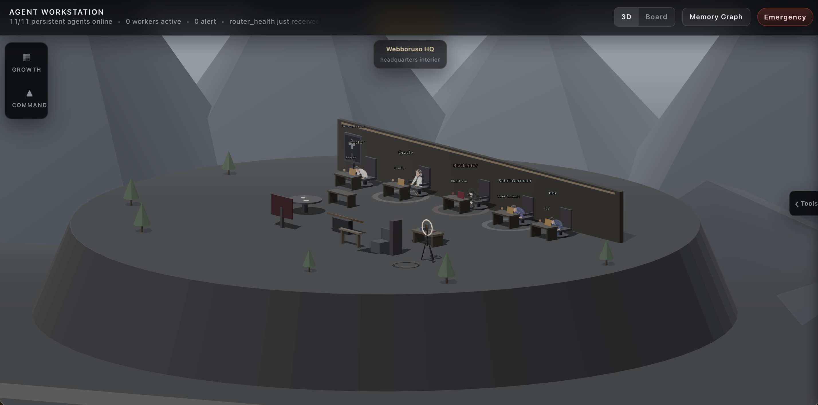 Agent W Workstation showing named AI teammates inside Webboruso headquarters